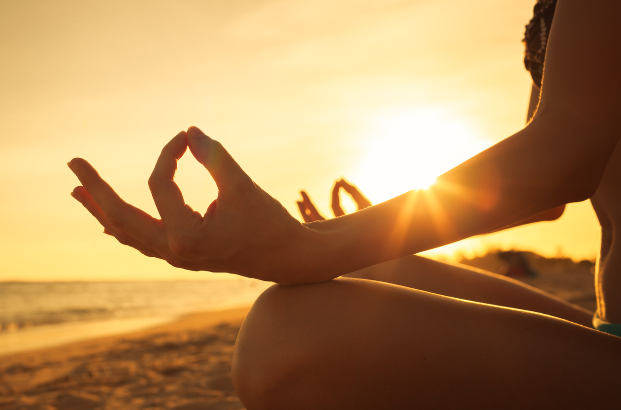 Eczema caused by stress, meditation at sunset on beach, eczema cream, Hope's Relief